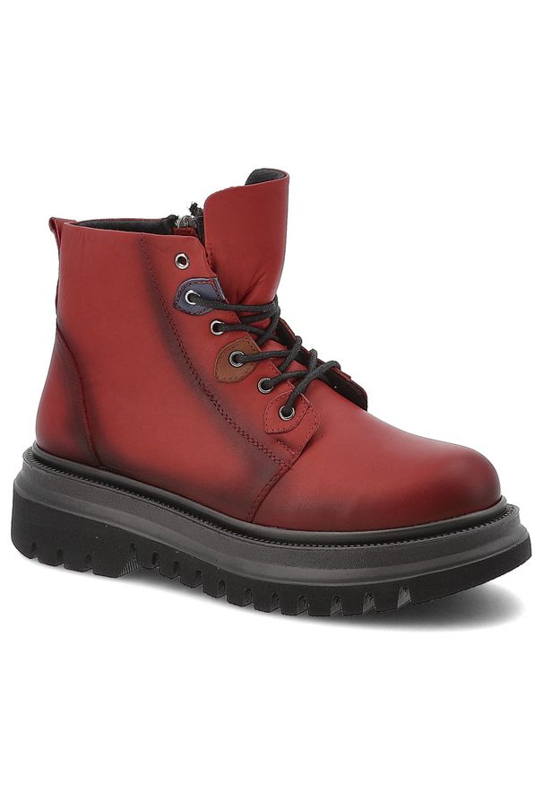 Czerwone Botki Artiker Solidne Obuwie Damskie. Okazja: na spacer, na co dzień. Zapięcie: sznurówki. Kolor: czerwony. Materiał: skóra. Styl: casual