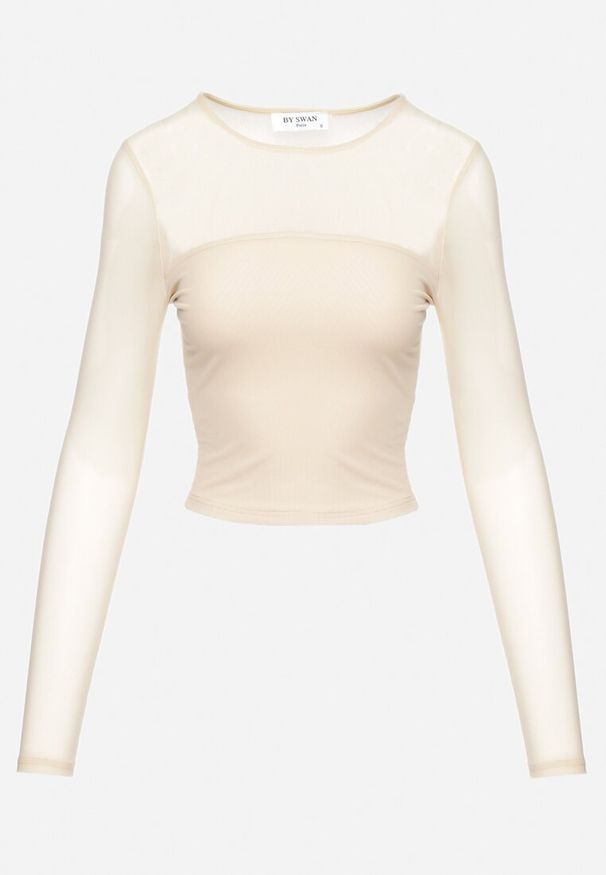 Born2be - Jasnobeżowa Bluzka o Krótkim Fasonie ze Wstawką z Siateczki Tilerima. Kolor: beżowy. Materiał: materiał. Długość: krótkie