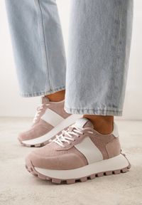 Born2be - Różowe Sneakersy z Zamszu Naturalnego z Perforacją na Grubej Podeszwie Cezarisse. Kolor: różowy. Materiał: zamsz #1