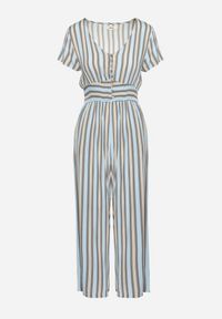 Born2be - Niebieski Wiskozowy Kombinezon z Guzikami przy Dekolcie i Elastyczną Gumką w Talii Tinaleias. Okazja: na co dzień, do pracy. Kolor: niebieski. Materiał: wiskoza. Długość: długie. Wzór: aplikacja. Styl: klasyczny, casual #2