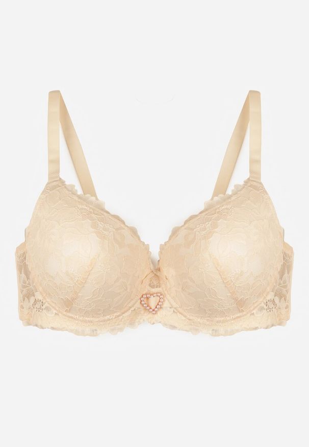 Renee - Beżowy Koronkowy Biustonosz Ozdobiony Cyrkoniowym Sercem Bothilei. Kolor: beżowy. Materiał: koronka. Wzór: aplikacja