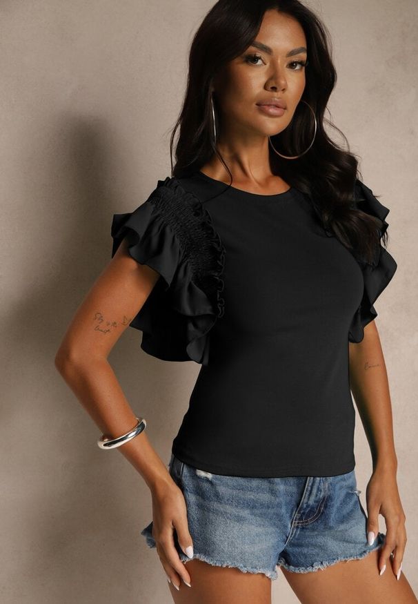 Renee - Czarna Bluzka Dislie. Kolor: czarny. Materiał: dzianina, bawełna, jeans. Wzór: kwiaty, gładki. Sezon: lato. Styl: elegancki