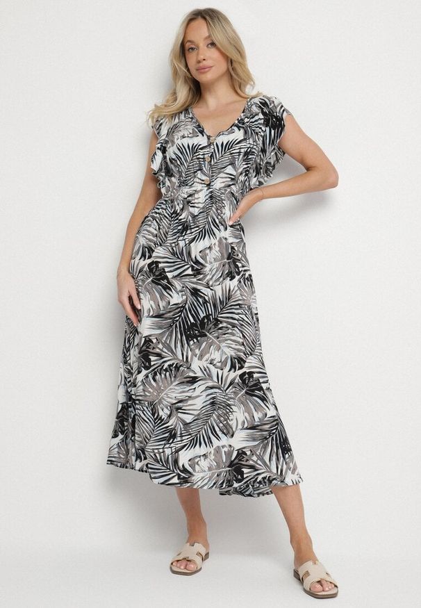 Born2be - Biało-Czarna Rozkloszowana Sukienka we Florystyczny Print z Bawełny Lanioreta. Kolor: czarny. Materiał: bawełna. Wzór: nadruk