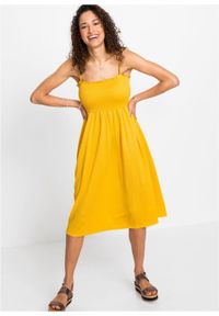 Sukienka z przeszyciem cienkimi gumkami bonprix żółty szafranowy. Kolor: żółty. Długość rękawa: na ramiączkach. Długość: midi #3