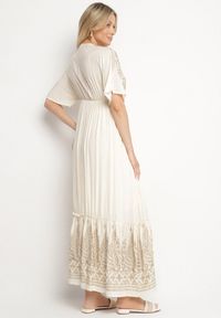 Born2be - Jasnobeżowa Wiskozowa Sukienka z Kopertowym Dekoltem i Haftem z Metaliczną Nicią Emhiris. Okazja: na co dzień. Kolor: beżowy. Materiał: wiskoza. Długość rękawa: krótki rękaw. Wzór: haft. Typ sukienki: kopertowe. Styl: casual, klasyczny #4