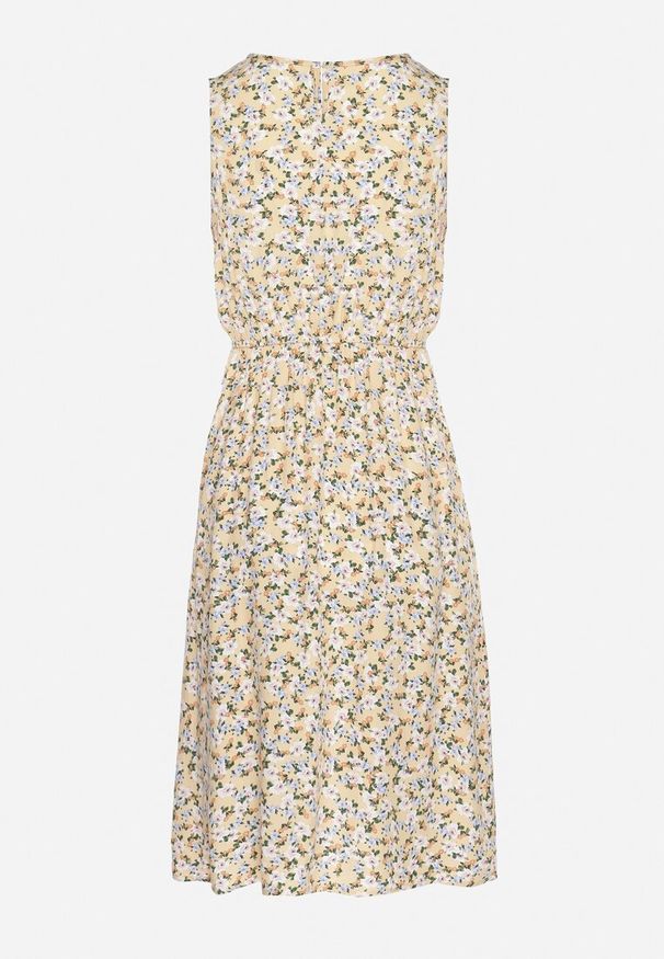 Born2be - Beżowa Sukienka w Kwiaty o Rozkloszowanym Kroju na Szerokich Ramiączkach Naivoriel. Okazja: na co dzień. Typ kołnierza: dekolt w serek. Kolor: beżowy. Materiał: zamsz. Długość rękawa: na ramiączkach. Wzór: kwiaty. Typ sukienki: rozkloszowane. Styl: casual, elegancki