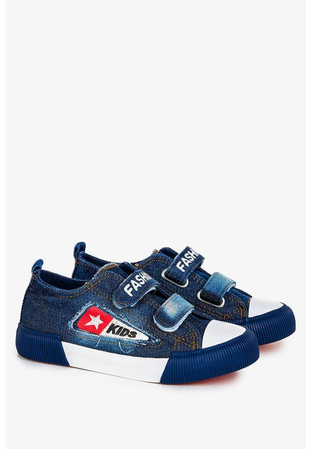 Casu - Granatowe trampki jeansowe na rzepy casu 10/4/21/m. Zapięcie: rzepy. Kolor: niebieski. Materiał: jeans