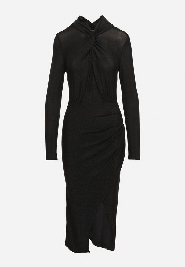 Born2be - Czarna Brokatowa Sukienka z Asymetrycznymi Marszczeniami Alissel. Okazja: na imprezę. Kolor: czarny. Materiał: skóra. Długość rękawa: długi rękaw. Typ sukienki: asymetryczne. Styl: wizytowy, klasyczny, rockowy