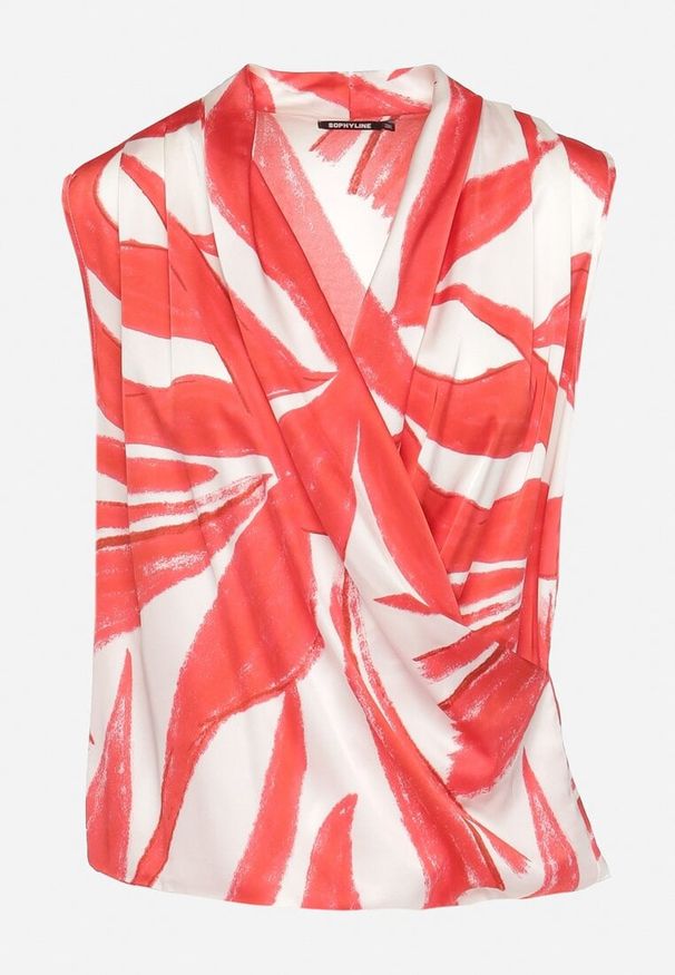 Born2be - Biało-Czerwona Bluzka Top z Kopertowym Dekoltem w Abstrakcyjny Print Lumiana. Kolor: czerwony. Materiał: materiał, tkanina. Wzór: nadruk. Sezon: lato. Styl: elegancki
