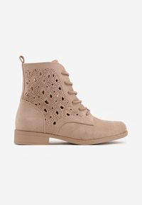 Born2be - Ciemnobeżowe Sznurowane Botki z Ażurową Cholewką Zeliana. Okazja: na co dzień, na randkę. Zapięcie: sznurówki. Kolor: beżowy. Materiał: zamsz, jeans. Szerokość cholewki: normalna. Wzór: ażurowy. Styl: casual, klasyczny #2