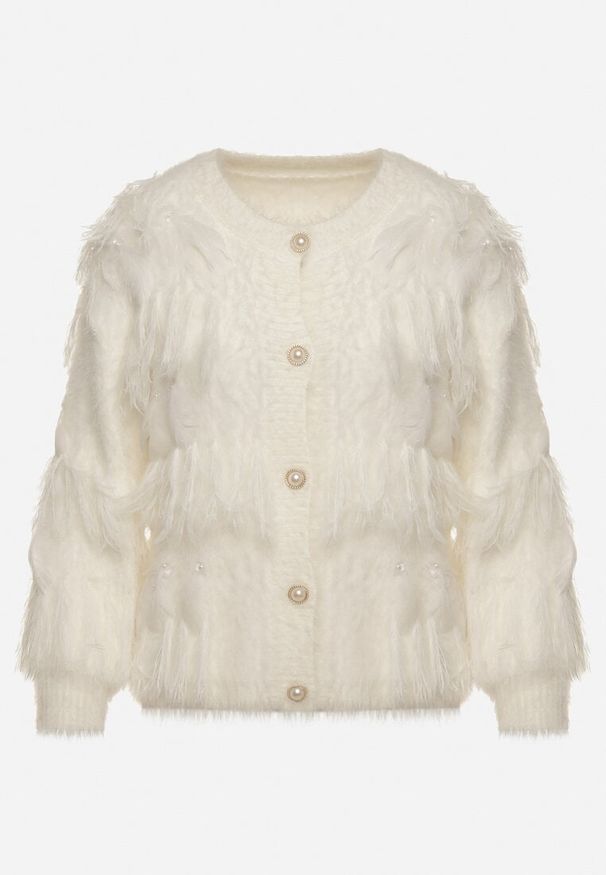 Born2be - Jasnobeżowy Kardigan z Wełną o Fakturze Imitującej Pióra z Ozdobnymi Guzikami Mevinalia. Okazja: na co dzień, do pracy, na spotkanie biznesowe. Kolor: beżowy. Materiał: wełna. Wzór: aplikacja. Sezon: zima, jesień. Styl: biznesowy, klasyczny, casual, elegancki