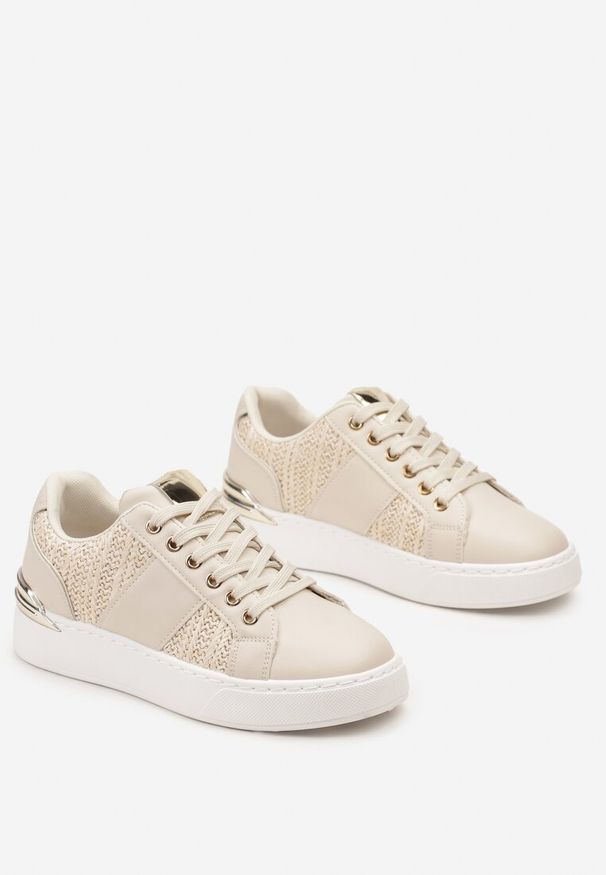 Born2be - Beżowe Sneakersy na Grubej Podeszwie z Plecioną Wstawką i Błyszczącymi Detalami Issla. Kolor: beżowy. Materiał: materiał