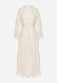 Born2be - Jasnobeżowa Długa Sukienka Koktajlowa w Stylu Retro z Plisami i Stójką Leowia. Typ kołnierza: kołnierzyk stójkowy. Kolor: beżowy. Styl: retro, wizytowy. Długość: maxi #3