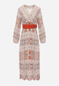 Renee - Jasnobeżowa Sukienka Rozkloszowana z Paskiem Shara. Okazja: na spacer, na plażę. Kolor: beżowy. Materiał: materiał, tkanina. Typ sukienki: kopertowe. Styl: boho. Długość: maxi #6