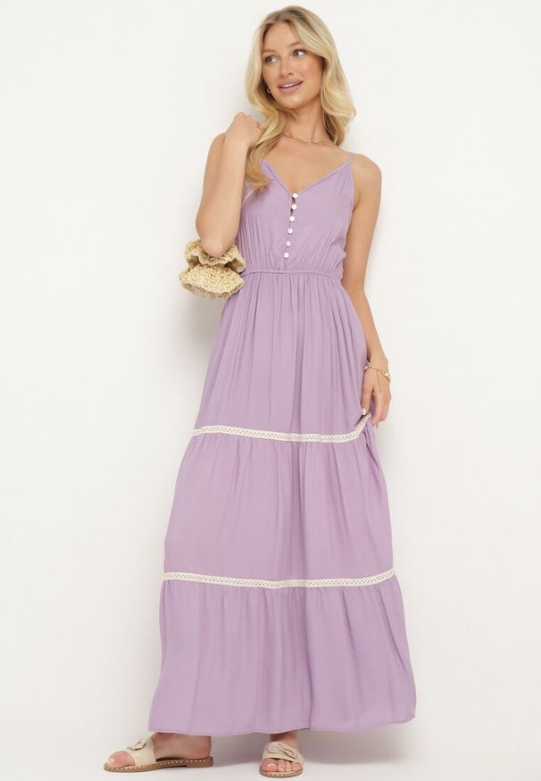 Born2be - Fioletowa Sukienka na Ramiączkach z Gumką w Pasie Zapinana na Guziki z Falbanką i Haftem Tiamavita. Kolor: fioletowy. Długość rękawa: na ramiączkach. Wzór: haft. Sezon: lato