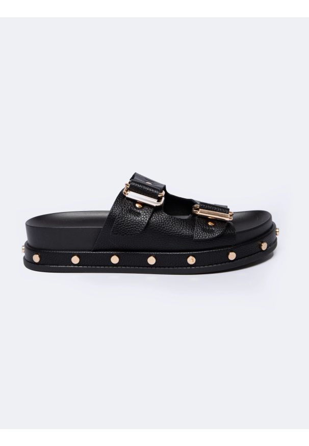 Big-Star - Klapki damskie na podwyższonej podeszwie czarne NN274082 906. Kolor: czarny. Materiał: jeans, skóra, syntetyk. Styl: klasyczny, elegancki, rockowy