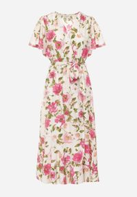 Renee - Beżowo-Różowa Kopertowa Rozkloszowana Sukienka z Falbaną i Gumką w Pasie Przewiązana Paskiem Iratia. Typ kołnierza: dekolt kopertowy. Kolor: beżowy. Długość rękawa: krótki rękaw. Sezon: lato. Typ sukienki: kopertowe. Styl: elegancki, wizytowy #5