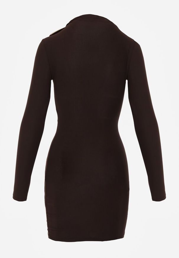 Renee - Brązowa Elegancka Sukienka Bodycon Zdobiona Marszczeniem i Aplikacjami Paphypso. Okazja: na imprezę. Kolor: brązowy. Materiał: materiał. Wzór: aplikacja. Typ sukienki: bodycon. Styl: elegancki