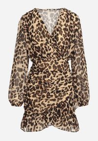 Born2be - Ciemnobeżowa Panterkowa Sukienka z Dekoltem w Serek Zdobiona Drapowaniem i Falbankami Melobria. Okazja: na co dzień. Typ kołnierza: kołnierz z falbankami, dekolt w serek. Kolor: beżowy. Wzór: aplikacja. Typ sukienki: dopasowane. Styl: casual, elegancki, klasyczny #6