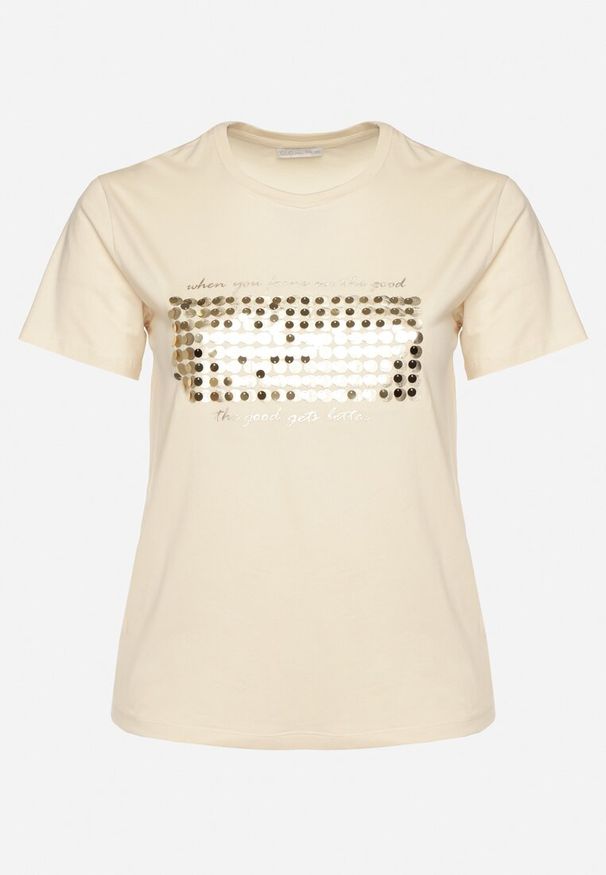 Born2be - Beżowy T-shirt Bawełniany Ozdobiony Cekinami Lirenell. Okazja: na co dzień, do pracy. Kolor: beżowy. Materiał: bawełna. Wzór: aplikacja. Styl: glamour, klasyczny, casual