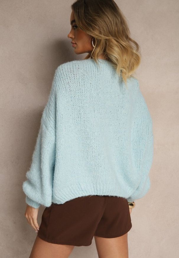 Renee - Niebieski Kardigan z Wełną o Kroju Oversize z Wiązanymi Kokardami Elearina. Typ kołnierza: kokarda. Kolor: niebieski. Materiał: wełna