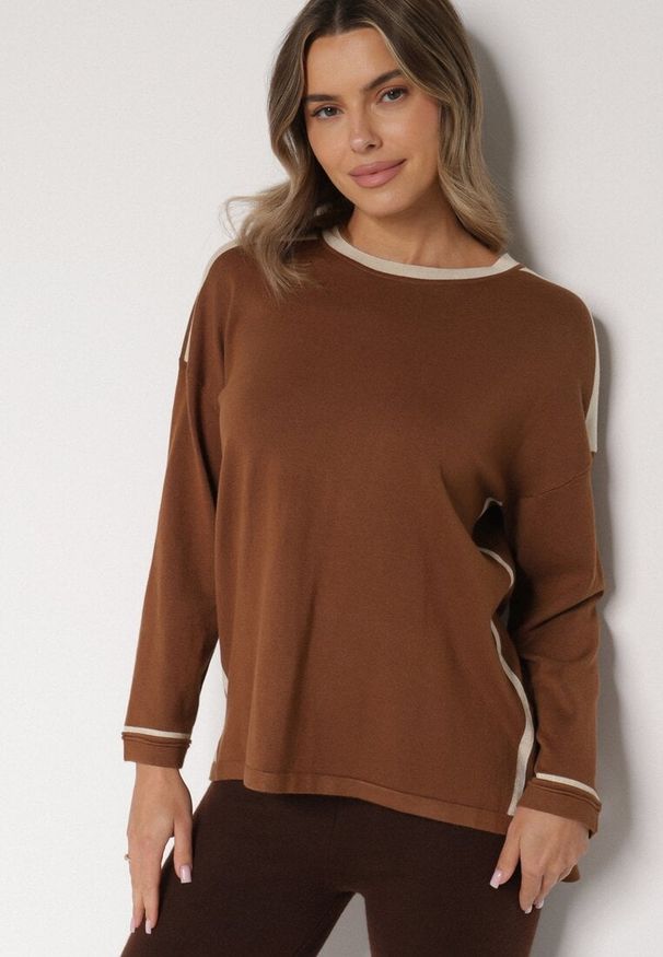 Born2be - Brązowy Sweter z Bawełną i Metaliczną Nicią Tusima. Kolor: brązowy. Materiał: bawełna. Styl: klasyczny, elegancki