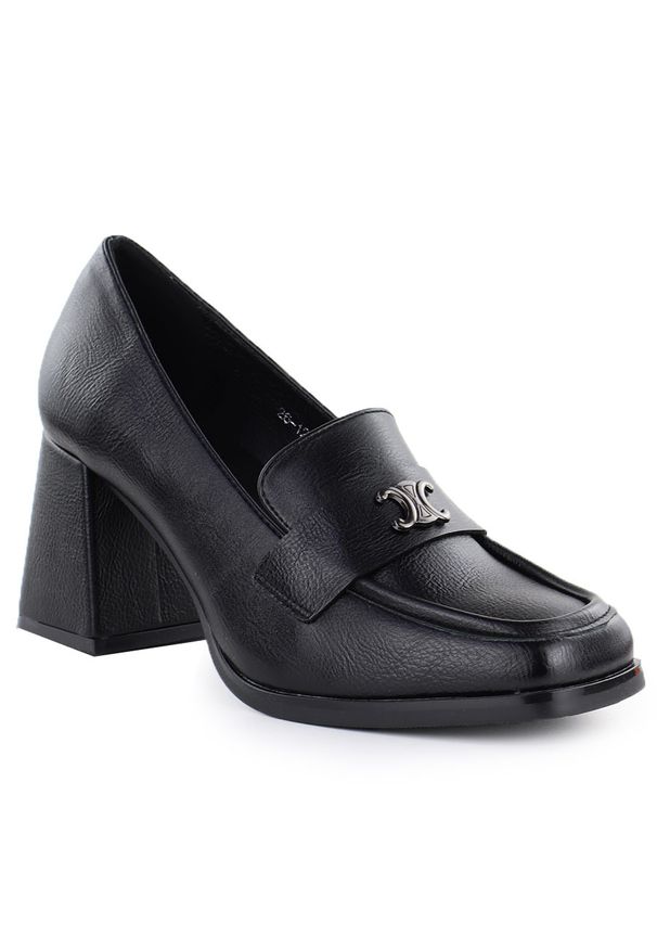 POTOCKI - Półbuty damskie mokasyny na obcasie czarne Potocki SZ12783. Kolor: czarny. Materiał: skóra ekologiczna. Obcas: na obcasie. Styl: elegancki. Wysokość obcasa: średni