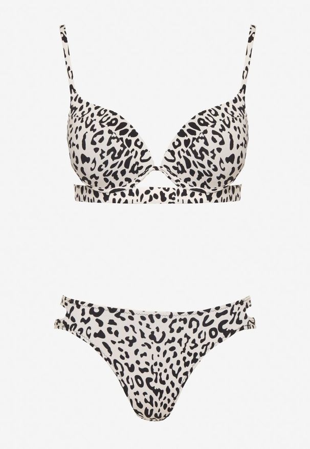 Renee - Jasnobeżowe Bikini w Panterkowy Wzór Biustonosz i Majtki Figi Zdobione Wycięciami Savrienne. Kolor: beżowy. Wzór: aplikacja