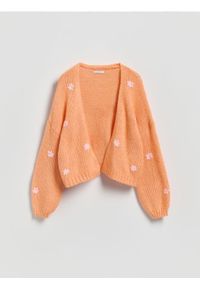 Reserved - Kardigan z haftem - pomarańczowy. Kolor: pomarańczowy. Materiał: dzianina, wełna. Wzór: haft