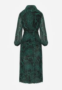 Renee - Ciemnozielona Sukienka Rozkloszowana z Wiązanym Paskiem Blerore. Kolor: zielony. Materiał: materiał. Typ sukienki: koszulowe. Długość: maxi #4