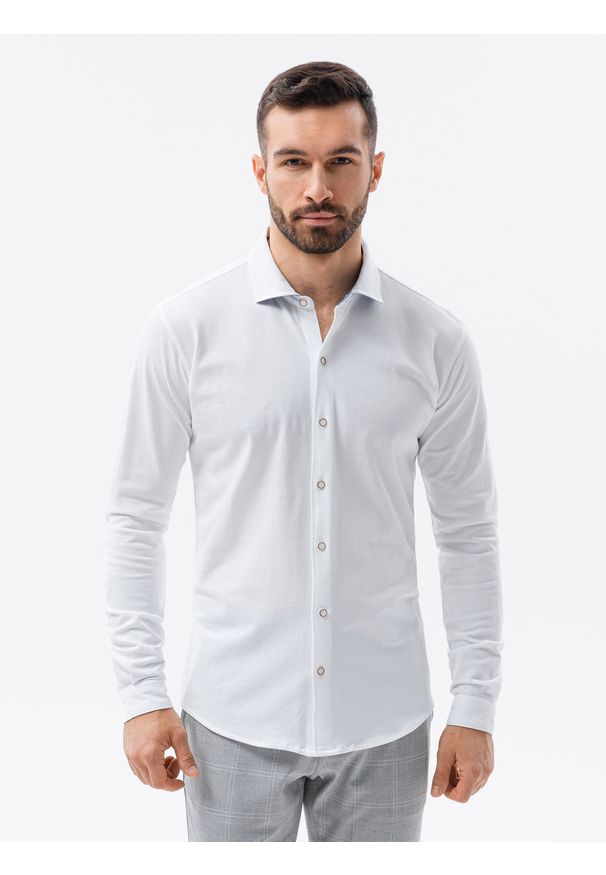 Ombre Clothing - Koszula męska dzianinowa z długim rękawem - biała V1 K540 - XXL. Kolor: biały. Materiał: dzianina. Długość rękawa: długi rękaw. Długość: długie. Wzór: kropki