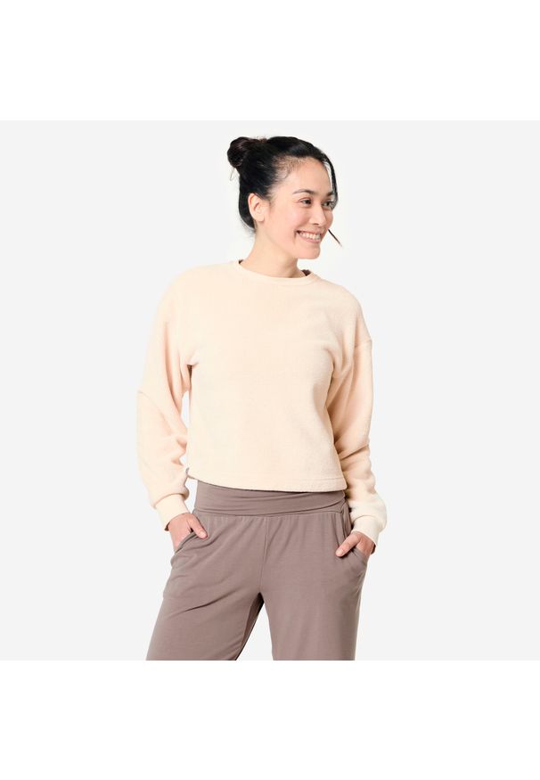 KIMJALY - Bluza Do Jogi I Medytacji Polarowa Kokon Beżowa. Kolor: beżowy. Materiał: poliester, elastan, tkanina, prążkowany, bawełna, materiał. Sezon: zima. Sport: joga i pilates