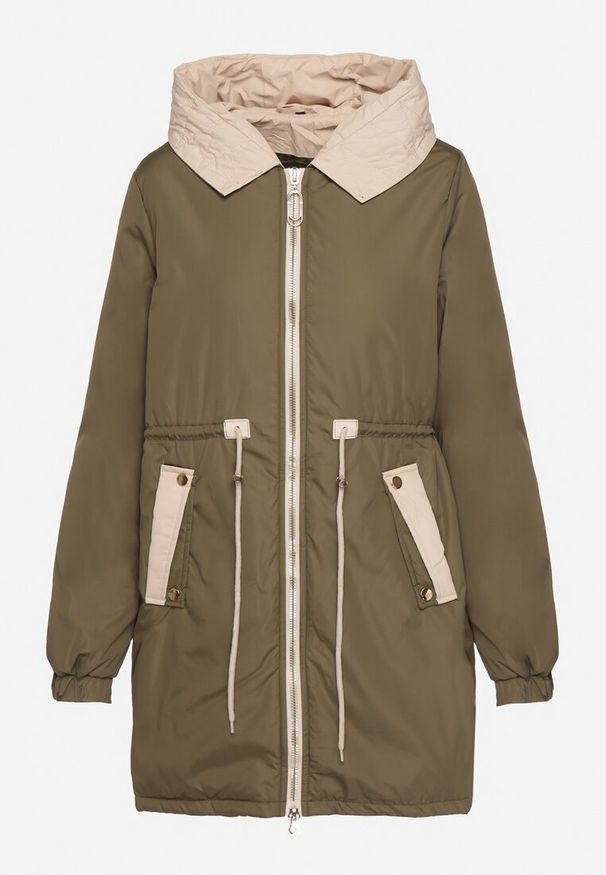 Born2be - Ciemnozielona Kurtka Parka z Kapturem i Ściągaczem w Pasie Sizana. Okazja: na spacer, na co dzień. Typ kołnierza: kaptur. Kolor: zielony. Materiał: jeans. Styl: klasyczny, elegancki, casual