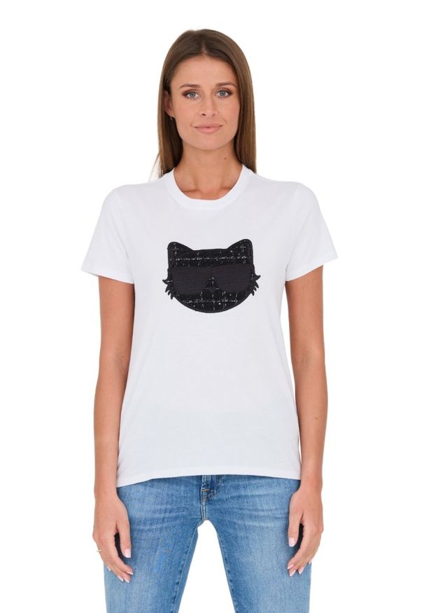 Karl Lagerfeld - KARL LAGERFELD Biały damski t-shirt Boucle Choupette, Rozmiar XS. Kolor: biały. Materiał: bawełna