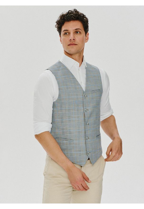 Pako Lorente - PAKO LORENTE – Męska szara kamizelka w kratę. Okazja: na wesele, na ślub cywilny. Kolor: szary. Materiał: poliester, wiskoza, elastan
