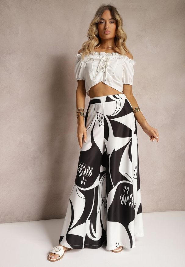 Renee - Czarno-Białe Szerokie Spodnie Palazzo z Wiskozy High Waist z Gumką w Pasie Vorrlea. Okazja: na co dzień. Stan: podwyższony. Kolor: czarny. Materiał: wiskoza. Styl: casual