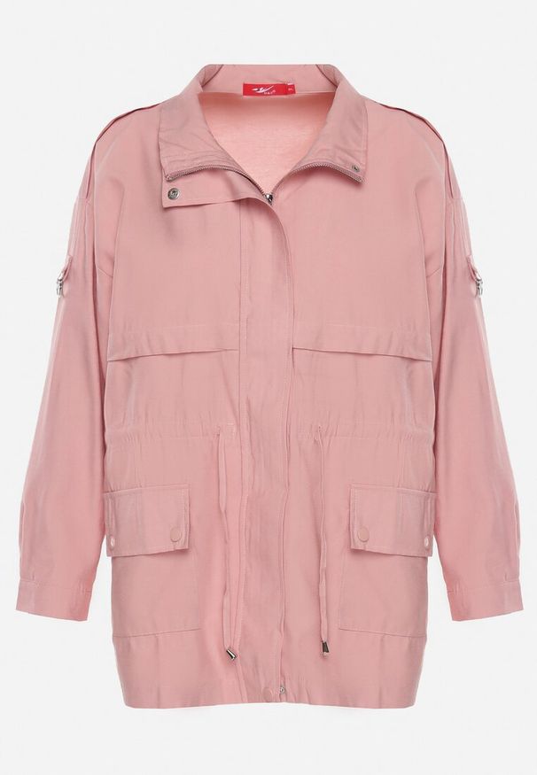 Born2be - Różowa Kurtka Parka z Bawełną Ściągana w Pasie Troczkiem Zapinana na Napy Velethra. Okazja: na co dzień. Kolor: różowy. Materiał: bawełna. Styl: casual