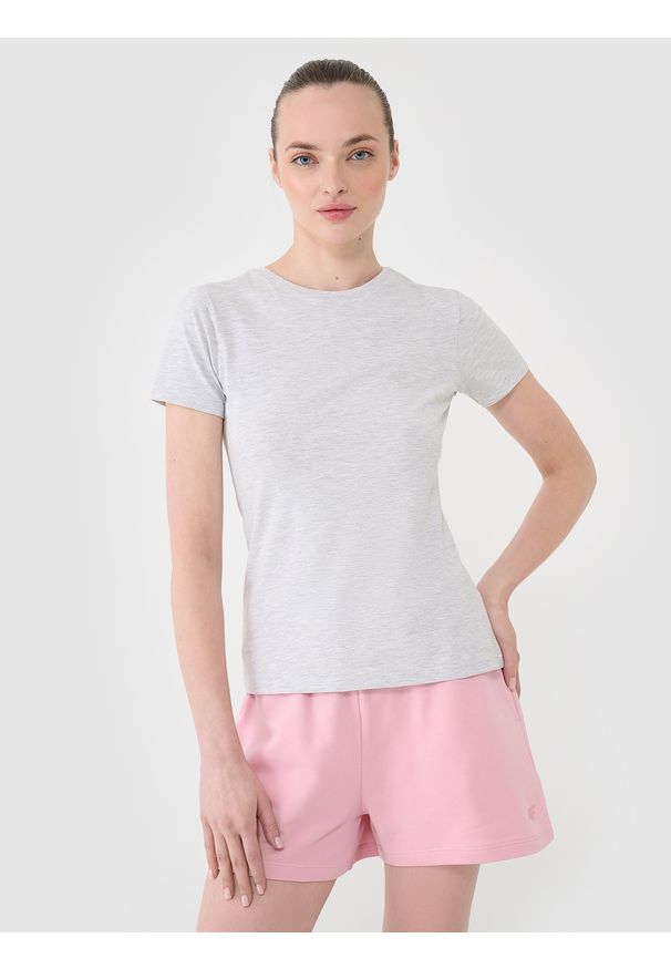 4f - 4F T-shirt slim gładki damski - szary M. Okazja: na co dzień. Kolor: szary. Materiał: dzianina, bawełna, jersey, materiał, elastan. Długość rękawa: krótki rękaw. Długość: krótkie. Wzór: gładki. Sezon: lato. Styl: klasyczny, sportowy, casual