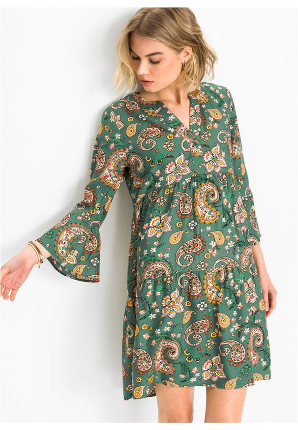 bonprix - Sukienka koszulowa w deseń paisley. Kolor: zielony. Wzór: paisley. Typ sukienki: koszulowe