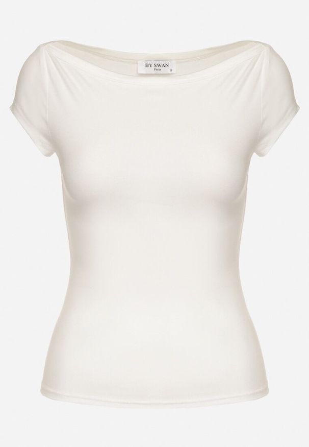 Born2be - Biały T-shirt z Bawełny o Dopasowanym Kroju z Dekoltem w Łódkę Galerissa. Kolor: biały. Materiał: bawełna. Styl: elegancki