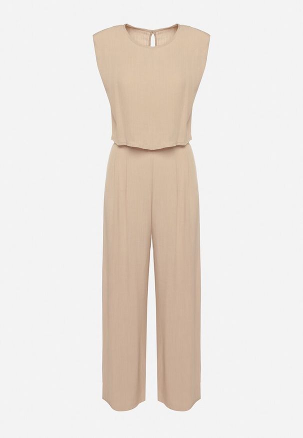 Born2be - Beżowy Wiskozowy Komplet Bluzka na Guzik z Usztywnianymi Ramionami i Szerokie Spodnie Vimalettes. Kolor: beżowy. Materiał: wiskoza