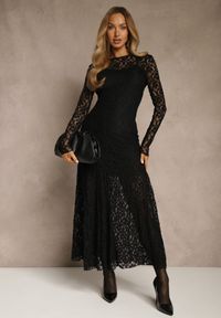 Renee - Czarna Elegancka Sukienka z Koronki z Odkrytymi Plecami Lilafera. Okazja: na co dzień. Typ kołnierza: dekolt na plecach. Kolor: czarny. Materiał: koronka. Długość rękawa: na ramiączkach. Wzór: koronka. Styl: elegancki #2