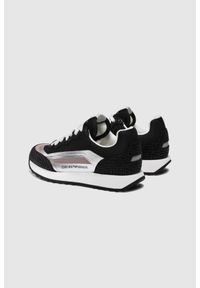 Emporio Armani - EMPORIO ARMANI Czarne sneakersy damskie ze srebrnymi elementami, Rozmiar 36. Kolor: czarny. Materiał: materiał, skóra, zamsz. Szerokość cholewki: normalna