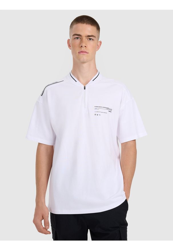 4f - 4F Koszulka polo oversize męska - biała L. Okazja: na co dzień. Typ kołnierza: polo. Kolor: biały. Materiał: materiał. Styl: sportowy, casual