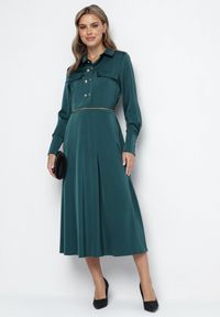 Born2be - Zielona Rozkloszowana Sukienka o Koszulowym Kroju z Imitacją Kieszeni i Gumką w Talii Rizza. Okazja: na co dzień. Kolor: zielony. Typ sukienki: koszulowe. Styl: casual, klasyczny, elegancki, wizytowy #7