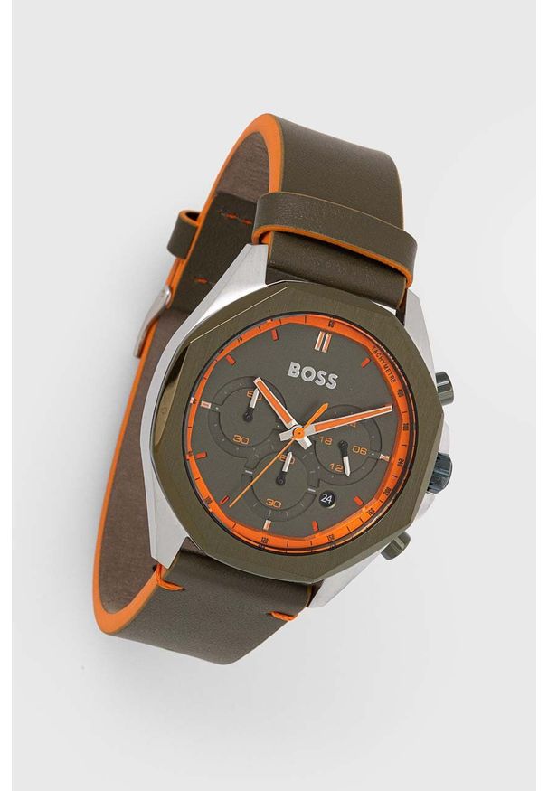 BOSS zegarek męski kolor zielony. Kolor: zielony. Materiał: skóra, materiał