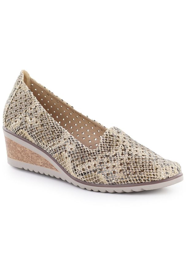 POTOCKI - Półbuty damskie na koturnie ażurowe wężowe beżowePotocki SZ12306. Materiał: skóra ekologiczna. Wzór: ażurowy. Obcas: na koturnie