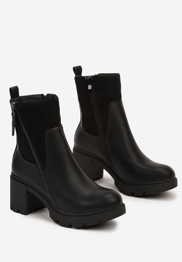 Born2be - Czarne Botki na Obcasie i Tłoczonej Platformie z Ozdobnym Suwakiem Vivirae. Okazja: na co dzień. Kolor: czarny. Materiał: dzianina, jeans. Sezon: zima, jesień. Obcas: na obcasie. Styl: casual, klasyczny. Wysokość obcasa: średni