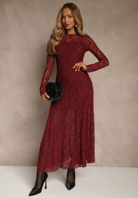 Renee - Bordowa Elegancka Sukienka z Koronki z Odkrytymi Plecami Lilafera. Okazja: na co dzień. Typ kołnierza: dekolt na plecach. Kolor: czerwony. Materiał: koronka. Długość rękawa: na ramiączkach. Wzór: koronka. Styl: elegancki #2
