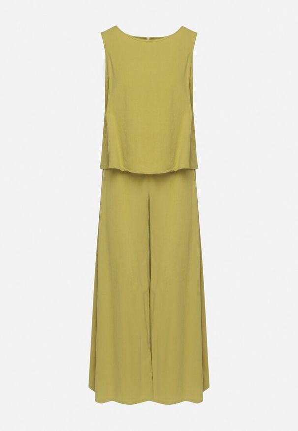 Born2be - Jasnozielony Bawełniany Komplet Top i Szerokie Spodnie Kuloty Sinelia. Kolor: zielony. Materiał: bawełna